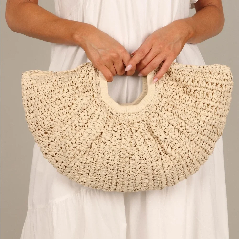 Woven Straw Half-Moon Tote Bag in Cream